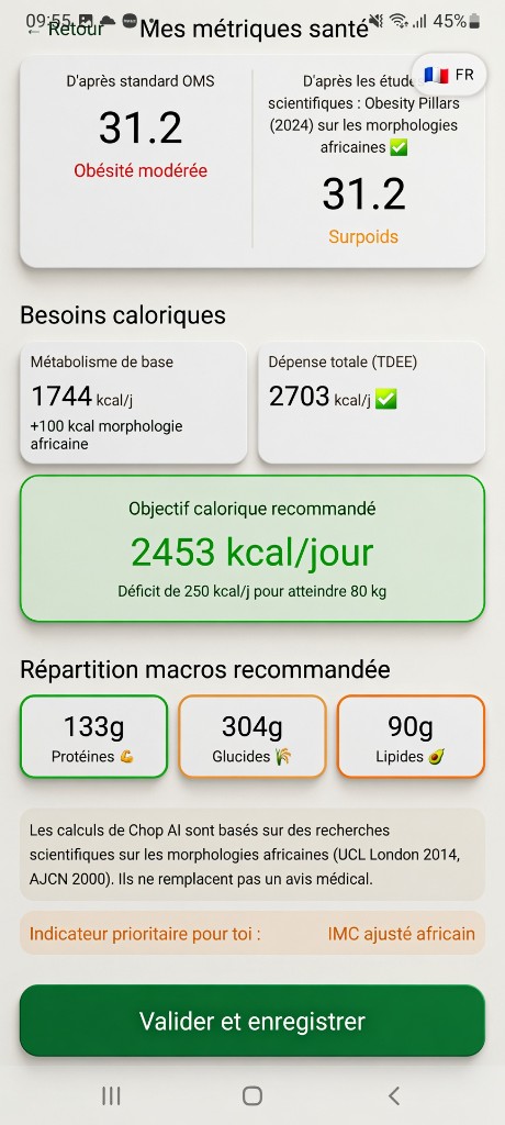 Étape 3 — Résultats calories, protéines, glucides et lipides dans Chop AI