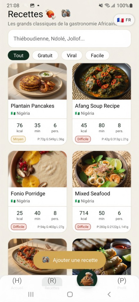 Capture d'écran Chop AI — catalogue de recettes africaines avec calories et macros