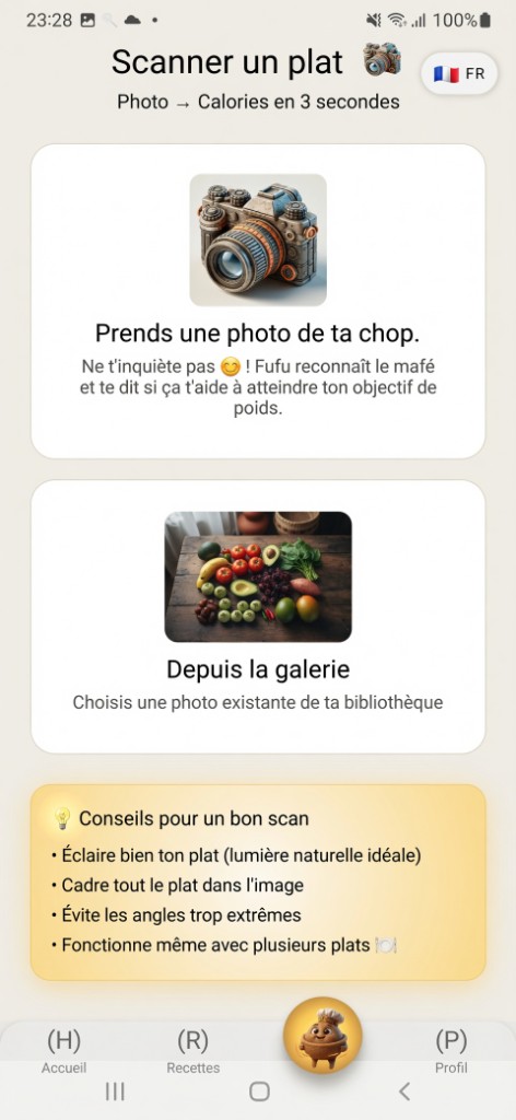 Étape 1 — Écran scanner un plat Chop AI, photo vers calories en 3 secondes